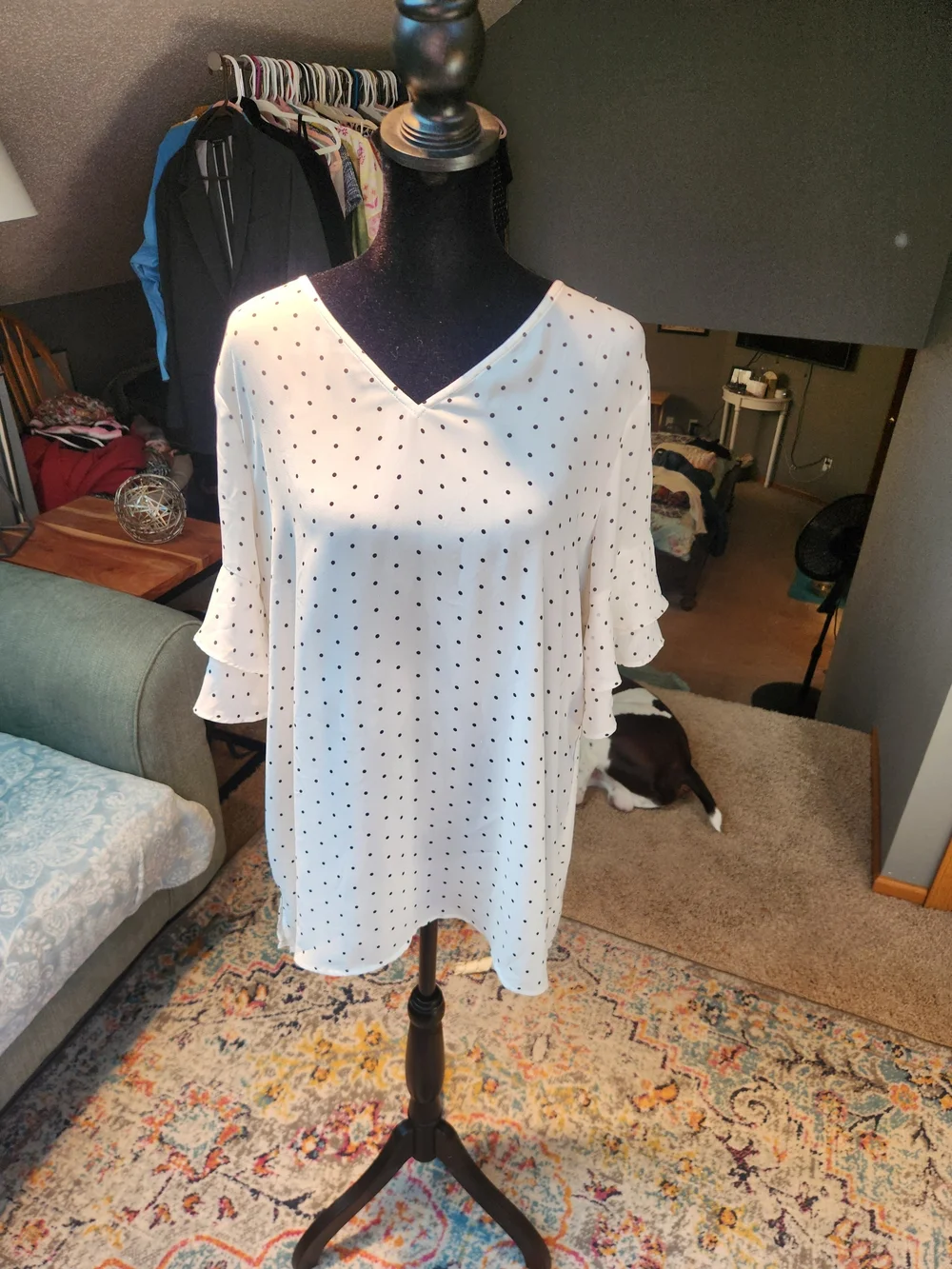 Loft White Polka Dot V-Neck Ruffle Sleeve Top Medium - Picture 2 of 9